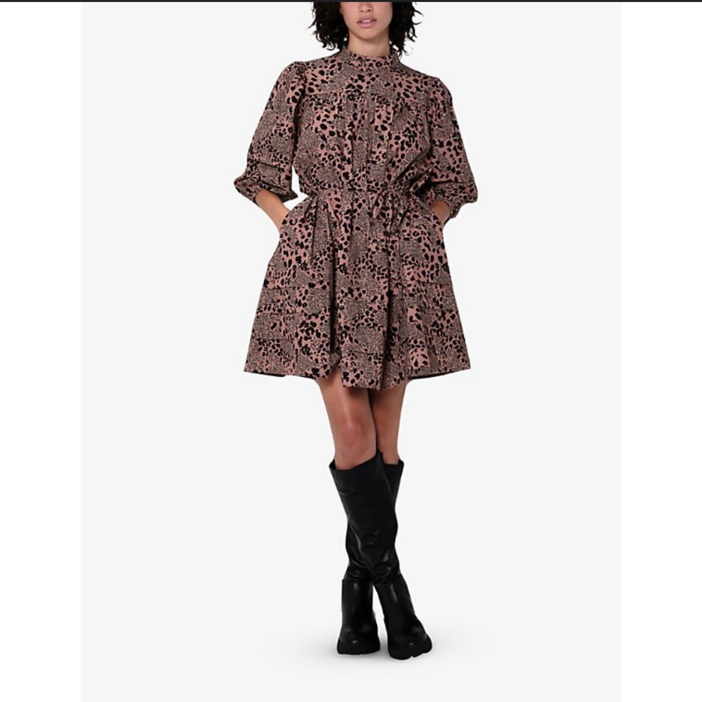 NWT ALIGNE Glossy Mixed Leopard Puff Sleeve Tie-Waist Dress